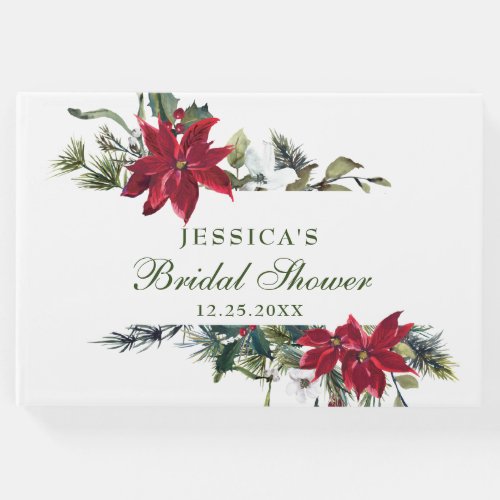 Elegant Watercolor Red Poinsettia Bridal Shower Guest Book