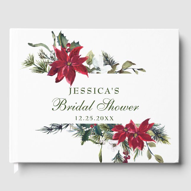 Elegant Watercolor Red Poinsettia Bridal Shower Guest Book (Front)