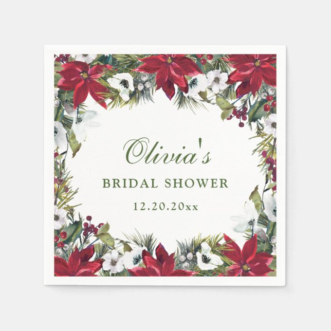 Elegant Watercolor Red Poinsettia BRIDAL SHOWER Napkins (Front)