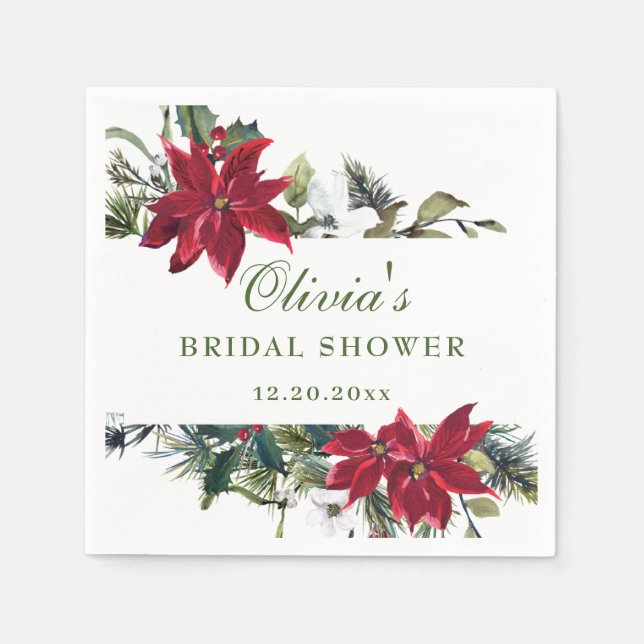 Elegant Watercolor Red Poinsettia BRIDAL SHOWER Napkins (Front)
