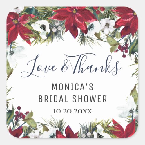 Elegant Watercolor Red Poinsettia BRIDAL SHOWER Square Sticker