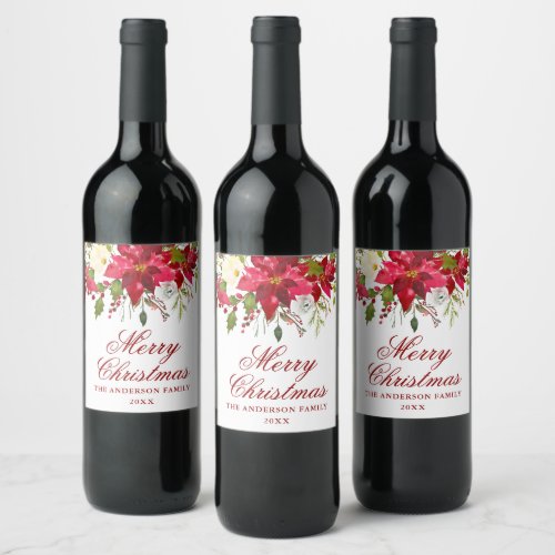 Elegant Watercolor Red Poinsettia Christmas Wine Label