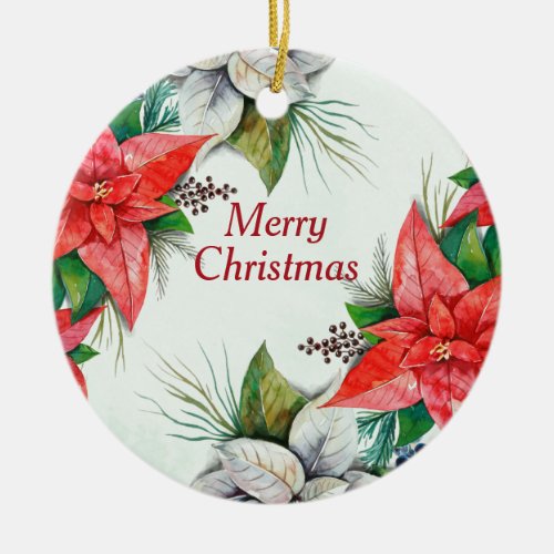 Elegant Watercolor Red Poinsettia Floral Christmas Ceramic Ornament