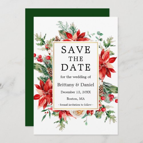 Elegant Watercolor Red Poinsettia Floral Green Save The Date
