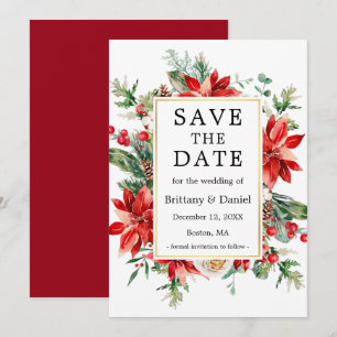 Elegant Watercolor Red Poinsettia Floral Greenery Save The Date