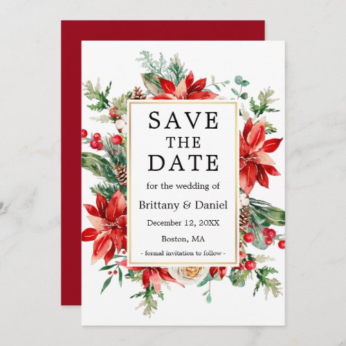 Elegant Watercolor Red Poinsettia Floral Greenery Save The Date