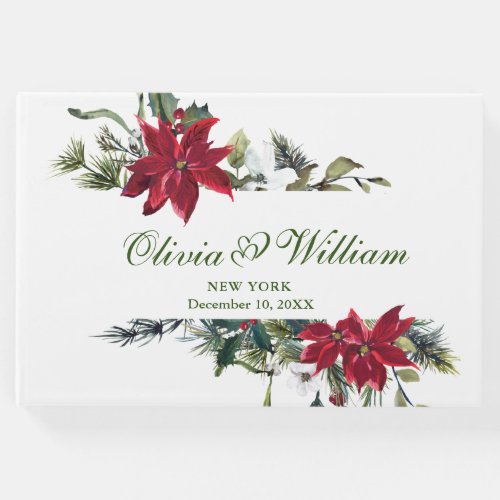 Elegant Watercolor Red Poinsettia Pine Fir Wedding Guest Book