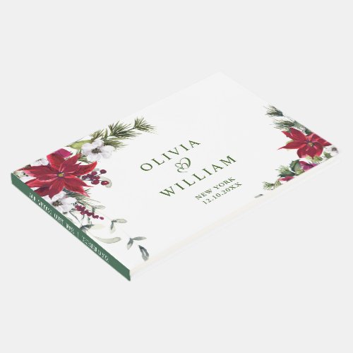 Elegant Watercolor Red Poinsettia Pine Fir Wedding Guest Book