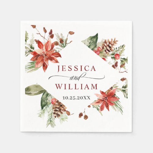 Elegant Watercolor Red Poinsettia Pine Fir Wedding Napkins