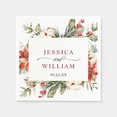 Elegant Watercolor Red Poinsettia Pine Fir Wedding Napkins