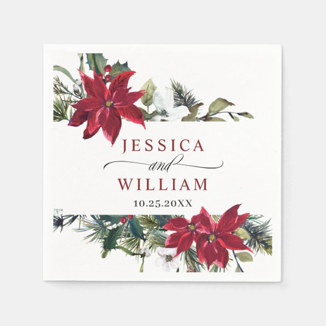 Elegant Watercolor Red Poinsettia Pine Fir Wedding Napkins (Front)