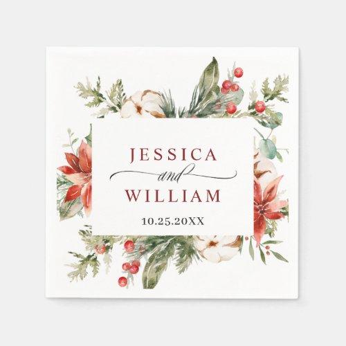 Elegant Watercolor Red Poinsettia Pine Fir Wedding Napkins