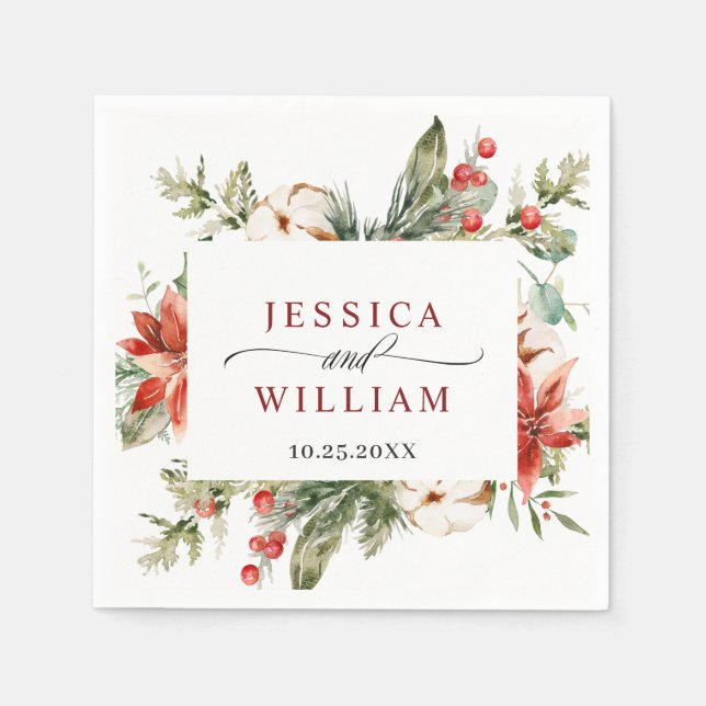 Elegant Watercolor Red Poinsettia Pine Fir Wedding Napkins (Front)