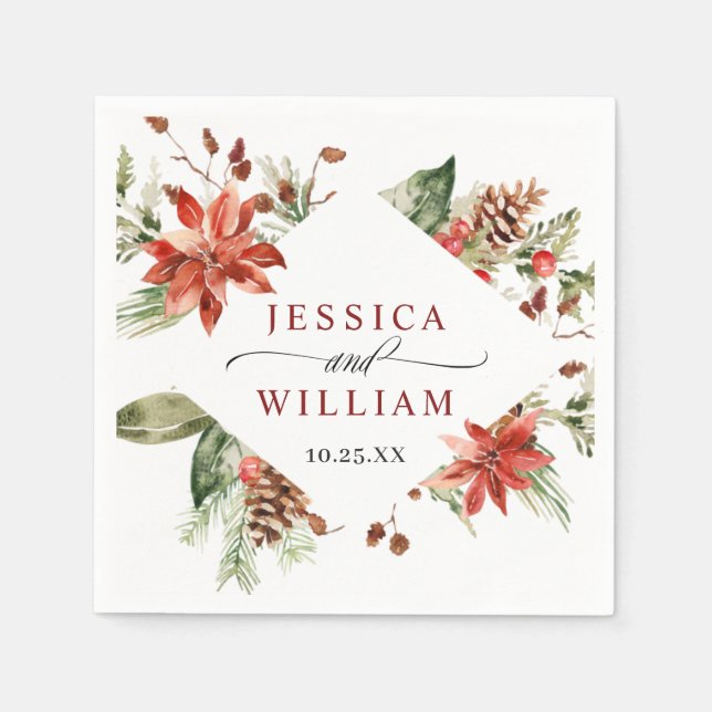 Elegant Watercolor Red Poinsettia Pine Fir Wedding Napkins (Front)