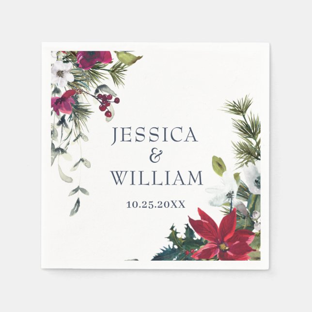 Elegant Watercolor Red Poinsettia Pine Fir Wedding Napkins (Front)