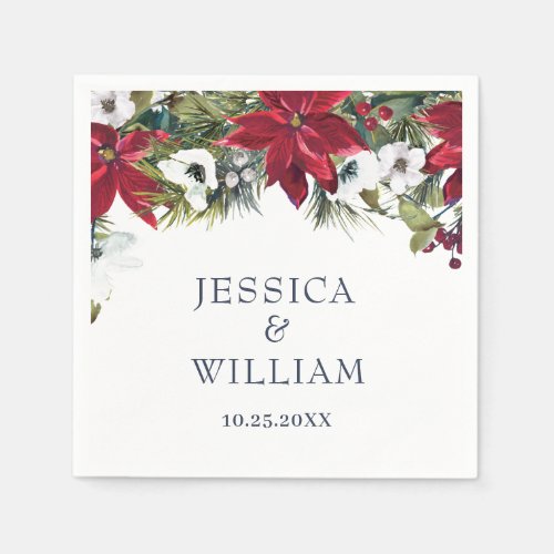 Elegant Watercolor Red Poinsettia Pine Fir Wedding Napkins