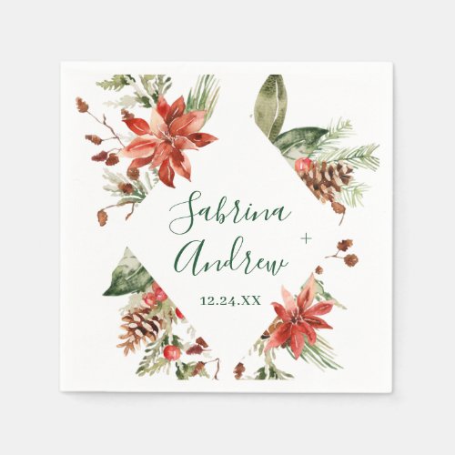 Elegant Watercolor Red Poinsettia Pine Fir Wedding Napkins