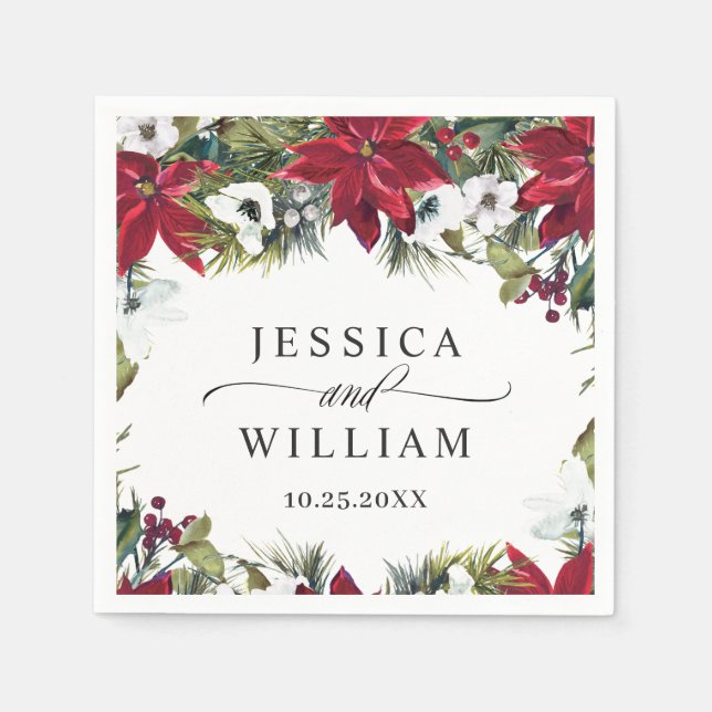 Elegant Watercolor Red Poinsettia Pine Fir Wedding Napkins (Front)