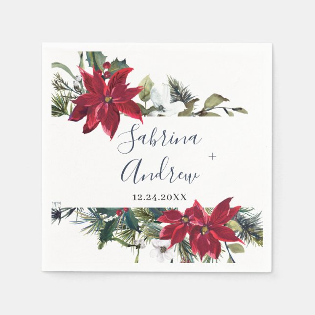 Elegant Watercolor Red Poinsettia Pine Fir Wedding Napkins (Front)