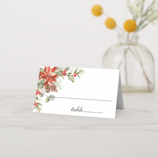 Elegant Watercolor Red Poinsettia Wedding Table Place Card (Front)