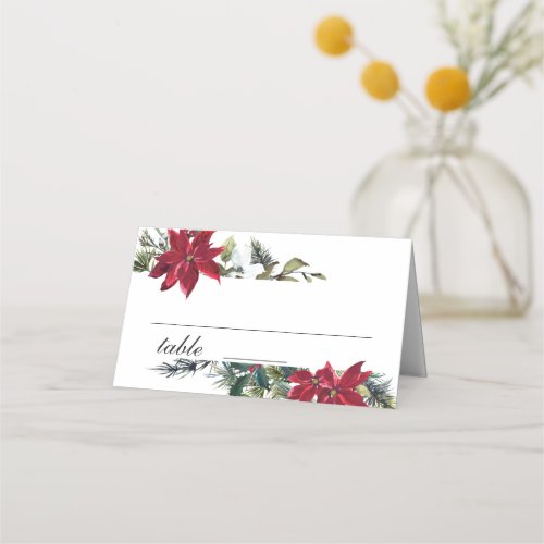 Elegant Watercolor Red Poinsettia Wedding Table Place Card