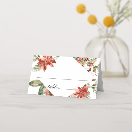 Elegant Watercolor Red Poinsettia Wedding Table Place Card