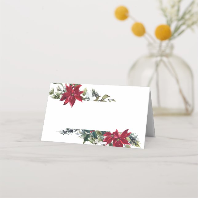 Elegant Watercolor Red Poinsettia Wedding Table Place Card (Front)