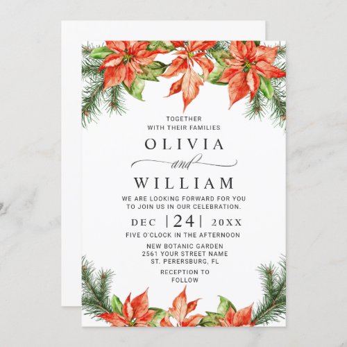 Elegant Watercolor Red Poinsettia Wreath Wedding Invitation