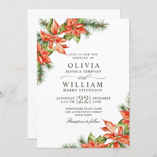 Elegant Watercolor Red Poinsettia Wreath Wedding Invitation
