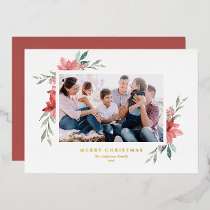 Elegant Watercolor Red Poinsettias Merry Christmas Foil Holiday Card