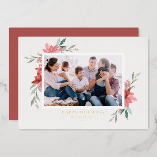 Elegant Watercolor Red Poinsettias Photo Foil Holiday Card