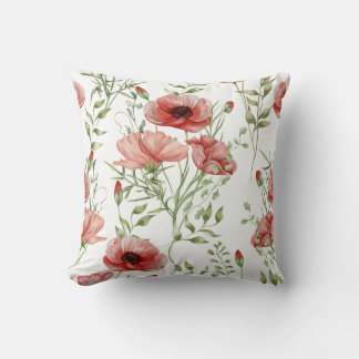 Elegant Watercolor Red Poppies Botanical  Throw Pillow