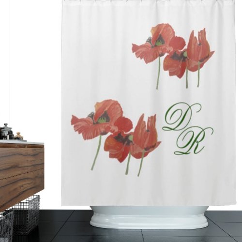 ELEGANT WATERCOLOR RED POPPIES SHOWER CURTAIN