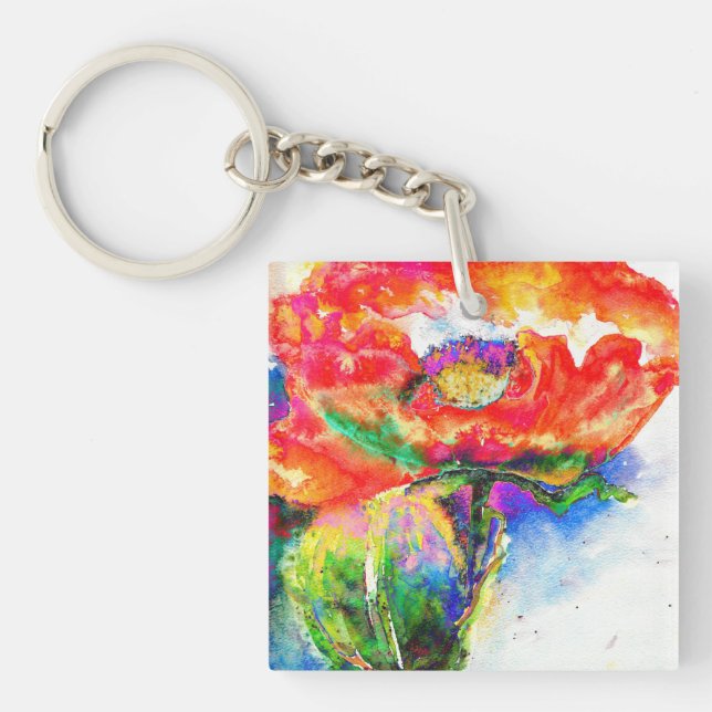 Elegant watercolor red poppy painting  keychain (Front)