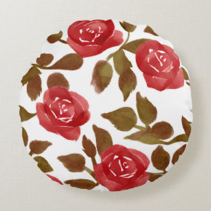 Elegant Watercolor Red Rose Bouquet Round Pillow
