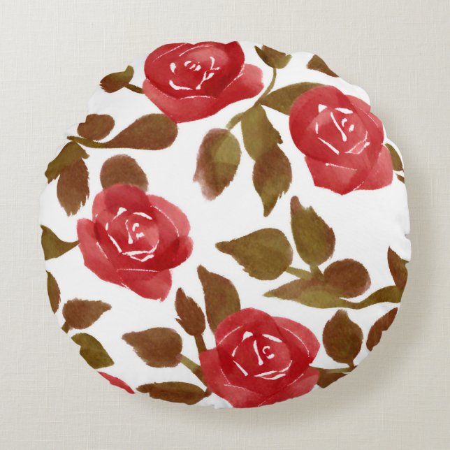 Elegant Watercolor Red Rose Bouquet Round Pillow (Front)
