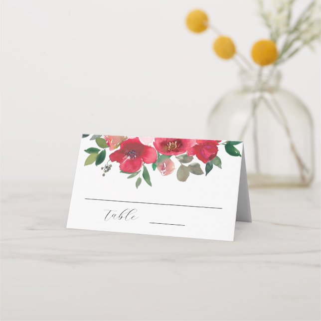 Elegant Watercolor Red rose Floral Wedding Place Card (Front)