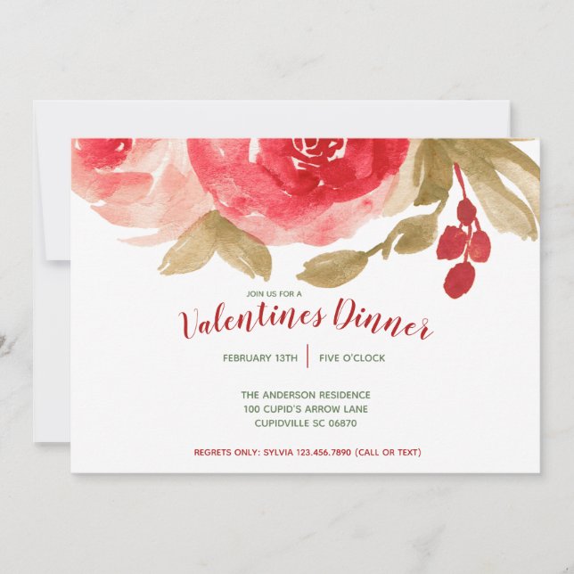 Elegant Watercolor Red Rose Valentine's Day Party Invitation (Front)