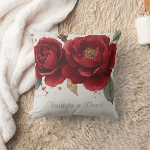 Elegant Watercolor Red Roses with Golden Glitter Throw Pillow