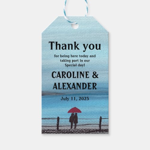 Elegant Watercolor Red Umbrella Couple Wedding Gift Tags