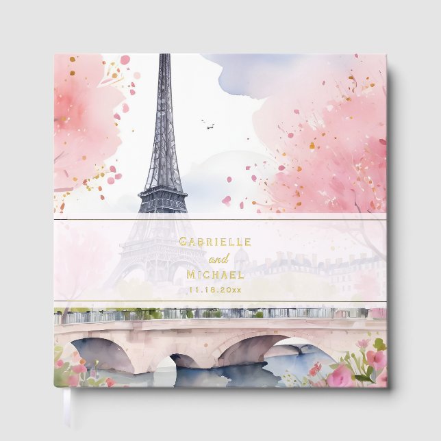 Elegant Watercolor Romantic Paris France Wedding  Foil Guest Book (Front)