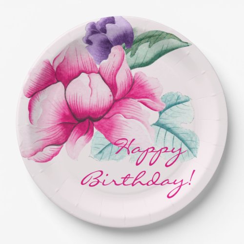 Elegant Watercolor Rose  Birthday Paper Plates