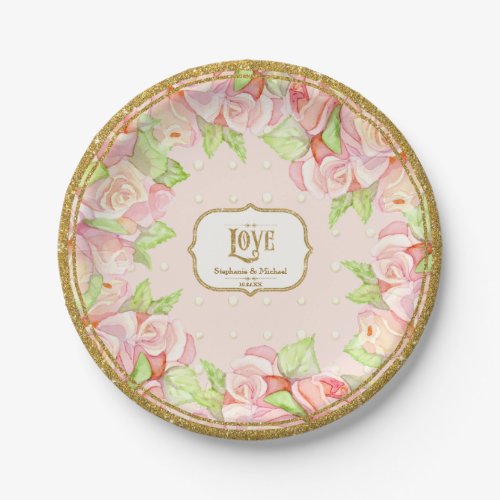 Elegant Watercolor Rose Bouquet Floral Pink Gold Paper Plates