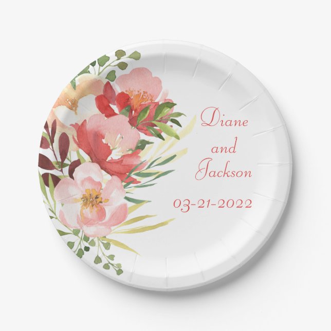 Elegant Watercolor Rose Bouquet Paper Plates (Front)