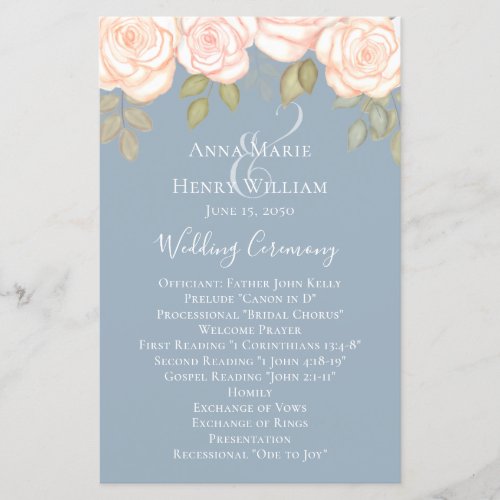 Elegant Watercolor Rose Dusty Blue Wedding Program