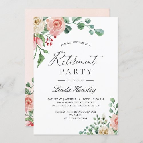 Elegant Watercolor Rose Floral Retirement Party Invitation