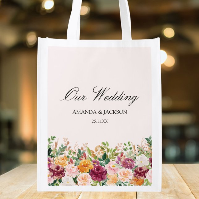 Elegant Watercolor Rose Flower Floral Wedding Grocery Bag (In situ)