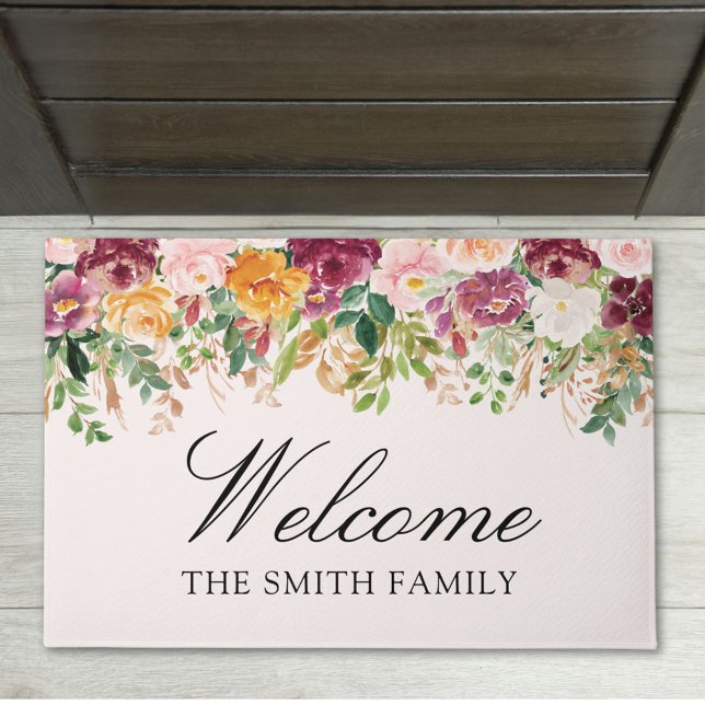 Elegant Watercolor Rose Garden Floral Welcome Doormat (In situ)