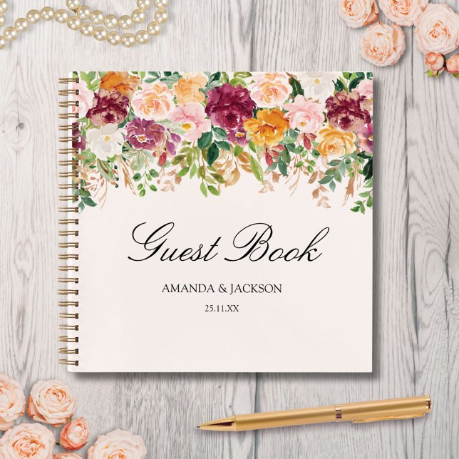 Elegant Watercolor Rose Garden Wedding Guestbook Notebook (In situ)