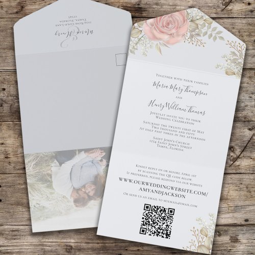 Elegant Watercolor Rose Gold Floral Photo QR Code  All In One Invitation